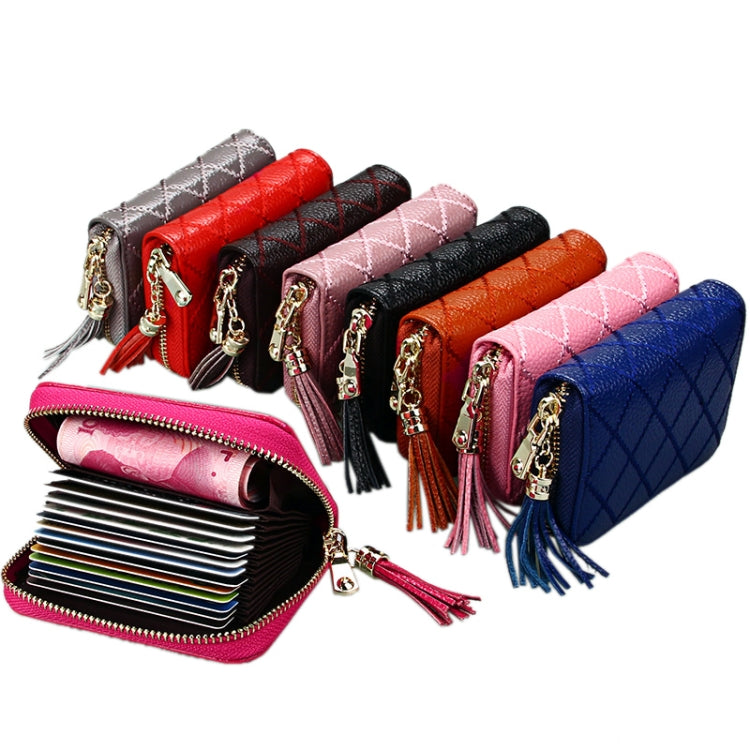 Genuine Cowhide Leather Grid Texture Zipper Card Holder Wallet RFID Blocking Card Bag Protect Case Coin Purse with Tassel Pendant & 15 Card Slots for Women, Size: 11.1*7.9*3.5cm(Blue) by bashfashion