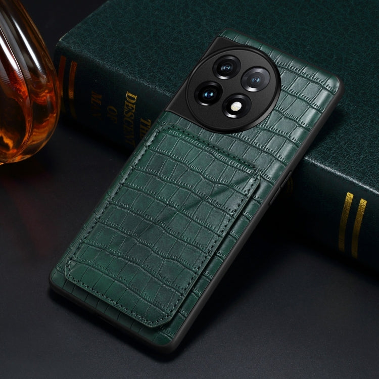 For OnePlus 11 5G Denior Imitation Crocodile Leather Back Phone Case with Holder(Green) by Denior