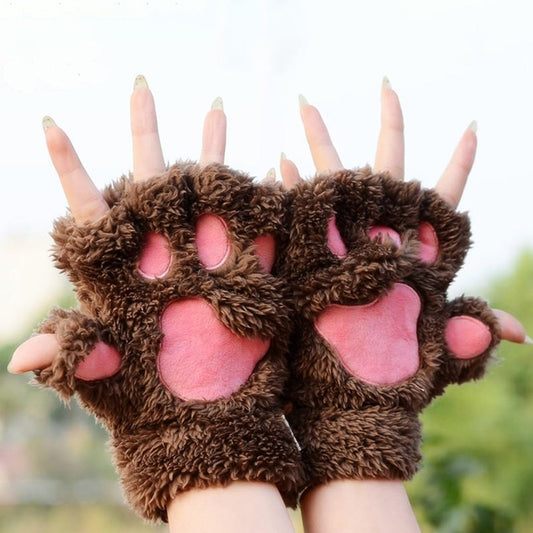 Winter Lovely Cartoon Cat Claw Lady Gloves Thick Warm Fluffy Paws Half Finger Gloves(Coffee) by bashfashion