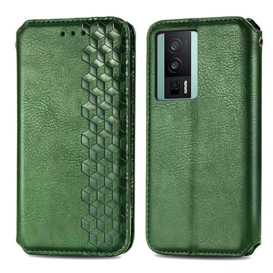 For Xiaomi Poco F5 Pro Cubic Grid Pressed Magnetic Leather Phone Case(Green) by bashfashion