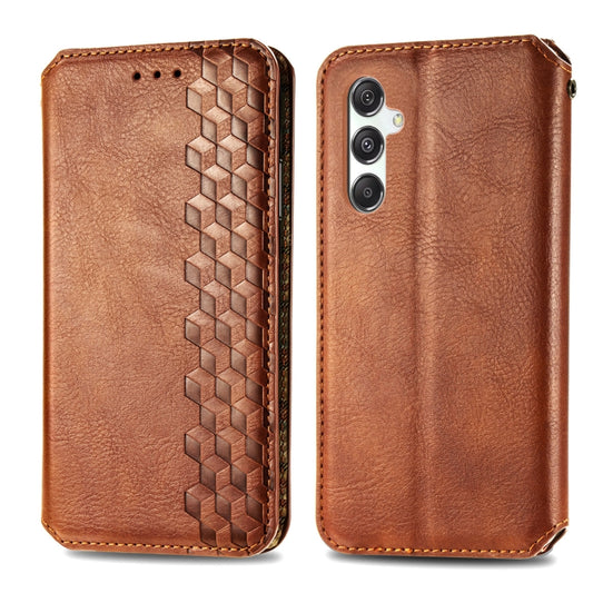 ForSamsung Galaxy M34 5G Cubic Grid Pressed Magnetic Leather Phone Case(Brown) by bashfashion