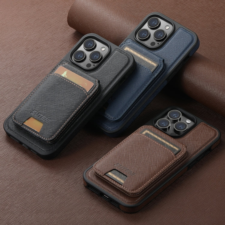 For iPhone 15 Plus Suteni M2 Cross-Grain MagSafe Vertical Card Back Phone Case(Brown) by Suteni