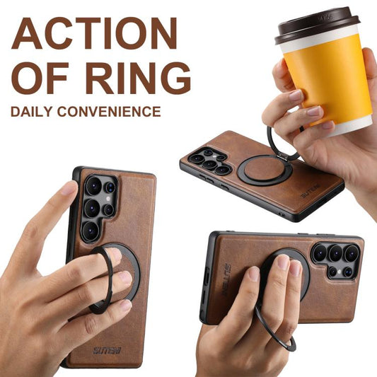 For Samsung Galaxy S22 Ultra 5G Suteni G3 Oil Wax 360 Rotation Holder MagSafe Back Phone Case(Brown) by Suteni