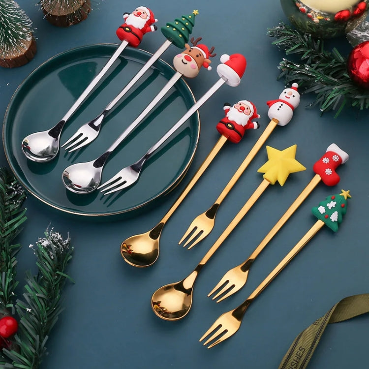 2pcs /Pack Christmas Dessert Fork And Spoon Set Portable Cute Cartoon Tableware, Style: Christmas Round Tree Silver by bashfashion