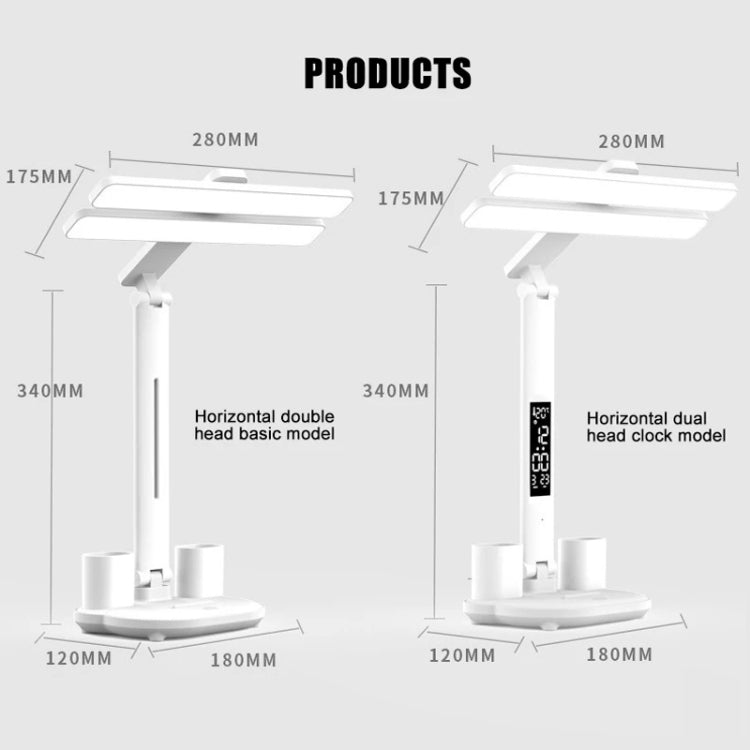 Double Head Horizontal Desk Lamp 3 Light Color Reading Lamp, Spec: Plug-in Clock Model by bashfashion