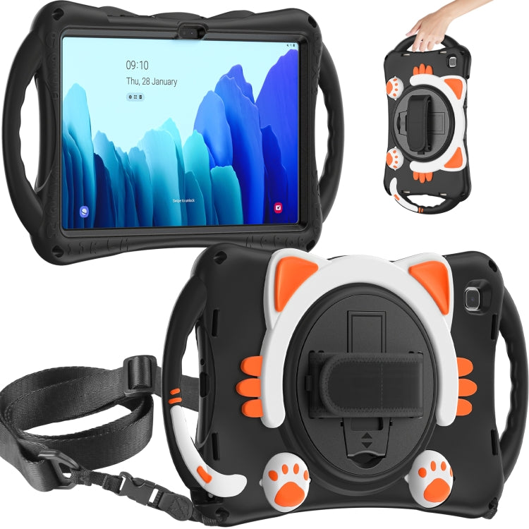 For Samsung Galaxy Tab A7 10.4 2020 SM-T500 Cute Cat King Kids Shockproof Silicone Tablet Case with Holder & Shoulder Strap & Handle(Black Orange) by bashfashion