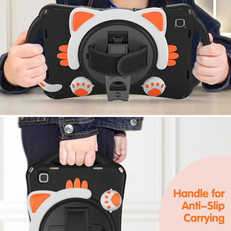 For Samsung Galaxy Tab A7 10.4 2020 SM-T500 Cute Cat King Kids Shockproof Silicone Tablet Case with Holder & Shoulder Strap & Handle(Black Orange) by bashfashion