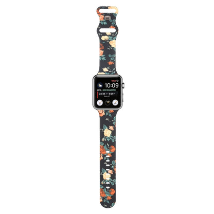 8-buckle Printed Strap Watch Band For Apple Watch Series 9&8&7 41mm / SE 3&SE 2&6&SE&5&4 40mm / 3&2&1 38mm(Black Background Rose) by bashfashion
