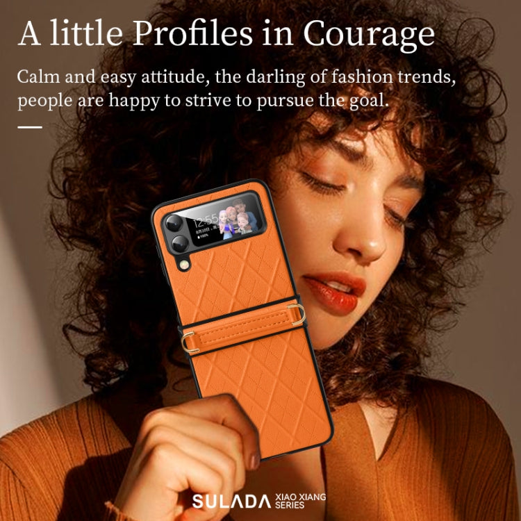 For Samsung Galaxy Z Flip4 SULADA Elegant Rhombic Texture Folding Phone Case with Lanyard(Black) by SULADA