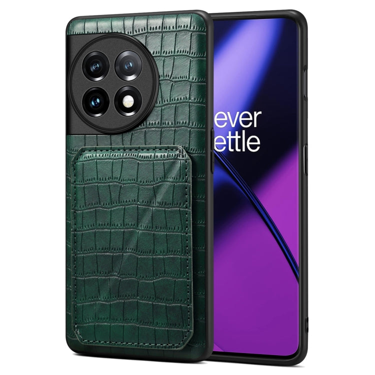 For OnePlus 11 5G Denior Imitation Crocodile Leather Back Phone Case with Holder(Green) by Denior