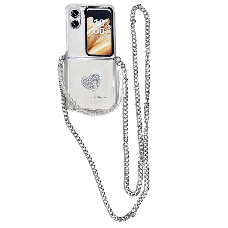 For OPPO Find N2 Flip TPU DIY Flash Diamond Love Hinge Buckle Phone Case with Long and Short Chain(Transparent) by bashfashion