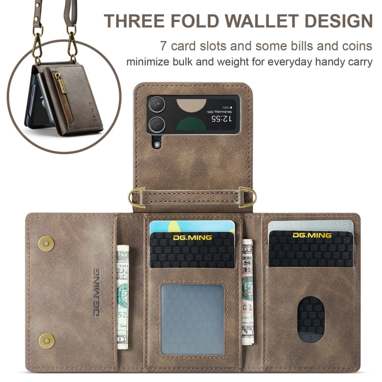 For Samsung Galaxy Z Flip4 5G DG.MING M5 Series Zip RFID Multi Card Detachable Leather Phone Case with Long Lanyard(Coffee) by DG.MING