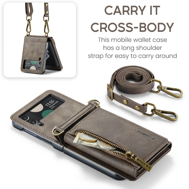 For Samsung Galaxy Z Flip4 5G DG.MING M5 Series Zip RFID Multi Card Detachable Leather Phone Case with Long Lanyard(Coffee) by DG.MING