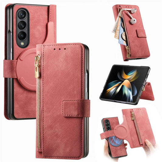 For Samsung Galaxy Z Fold4 Retro MagSafe Magnetic Zipper Wallet Leather Phone Case(Pink) by bashfashion
