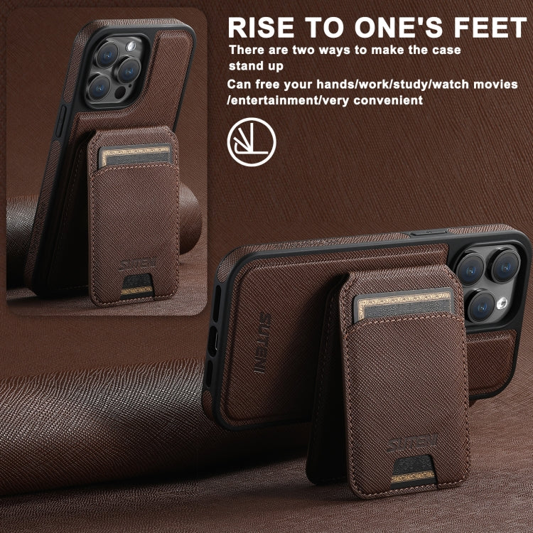 For iPhone 16 Suteni M2 Cross-Grain MagSafe Vertical Card Back Phone Case(Brown) by Suteni