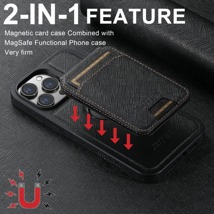For iPhone 16 Plus Suteni M2 Cross-Grain MagSafe Vertical Card Back Phone Case(Black) by Suteni
