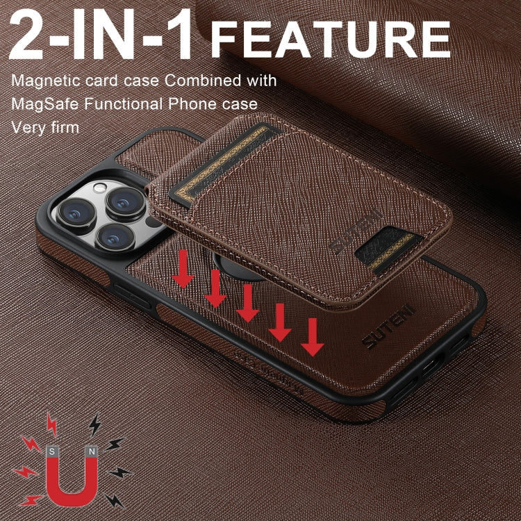 For iPhone 16 Plus Suteni M2 Cross-Grain MagSafe Vertical Card Back Phone Case(Brown) by Suteni