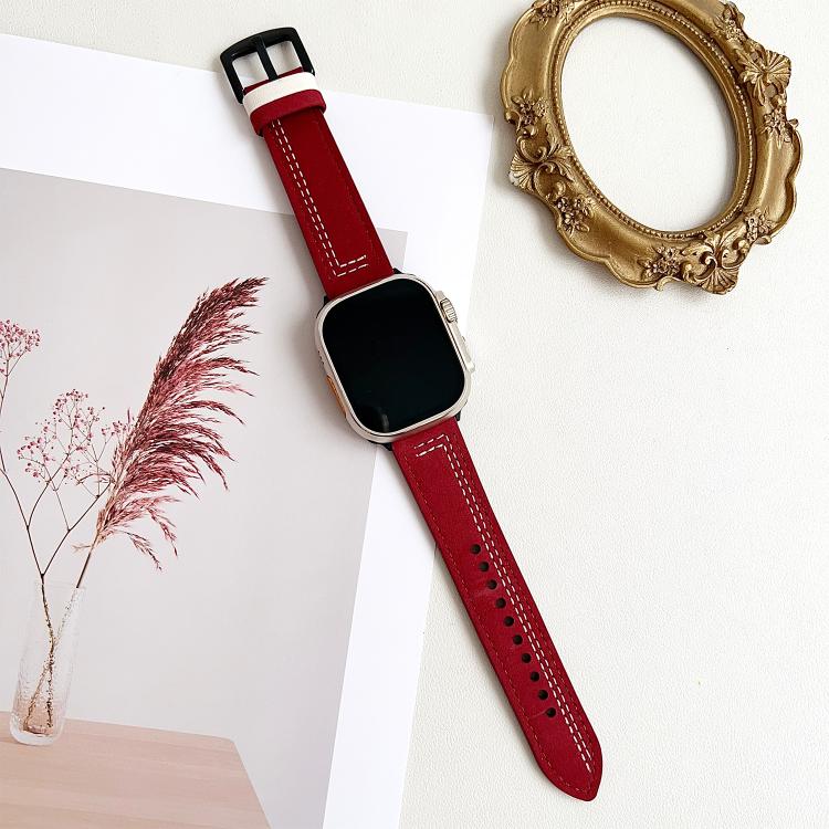 For Apple Watch 42mm / 41mm / 40mm / 38mm 7-Line Tri-Star Buckle Pull Up Leather Watch Band(Burgundy White Thread) by bashfashion