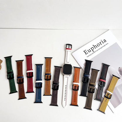 For Apple Watch 42mm / 41mm / 40mm / 38mm 7-Line Tri-Star Buckle Pull Up Leather Watch Band(Crazy Horse Yellow Brown White Thread) by bashfashion