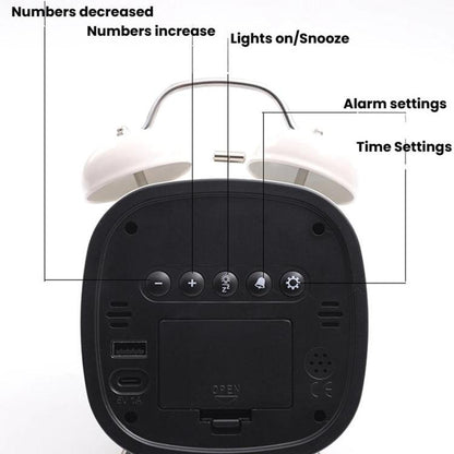 Loud Metal Powerful Ringing Clock LED Multifunction Clock, Color: Black Shell Green Light by bashfashion